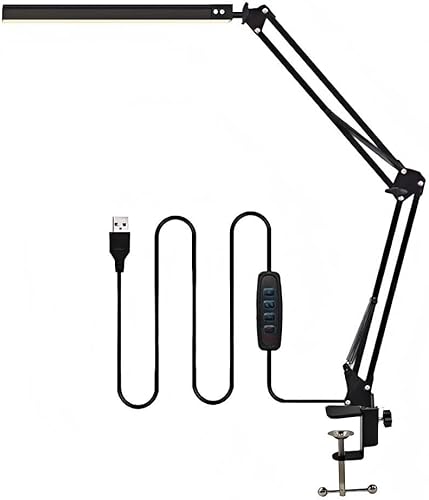 Lámpara de escritorio LED con abrazadera de brazo largo con atenuación de 3 pasos para leer, estudiar y trabajar (negro | abrazadera de metal)
