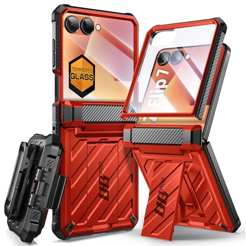 SUPCASE for Samsung Galaxy Z Flip 7 Case with Built-in Stand & Belt-Clip (Unicorn Beetle Pro), [Hinge Protection] [Front Tempered Glass Screen Protector] Full Body Military-Grade Phone Cover, Ruddy
