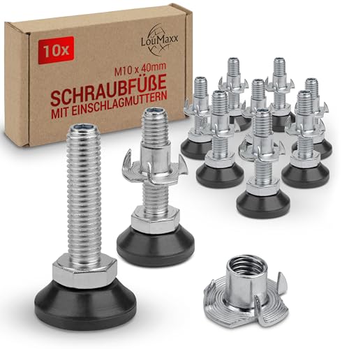 LouMaxx Stellfüße M10 x 40 mm inkl. Einschlagmutter - 10er Set - Regulierschraube - höhenverstellbare Füße - Schraubfuß - Maschinenfuß, Schraubfüße höhenverstellbar - Stellfüße M10x40 mm