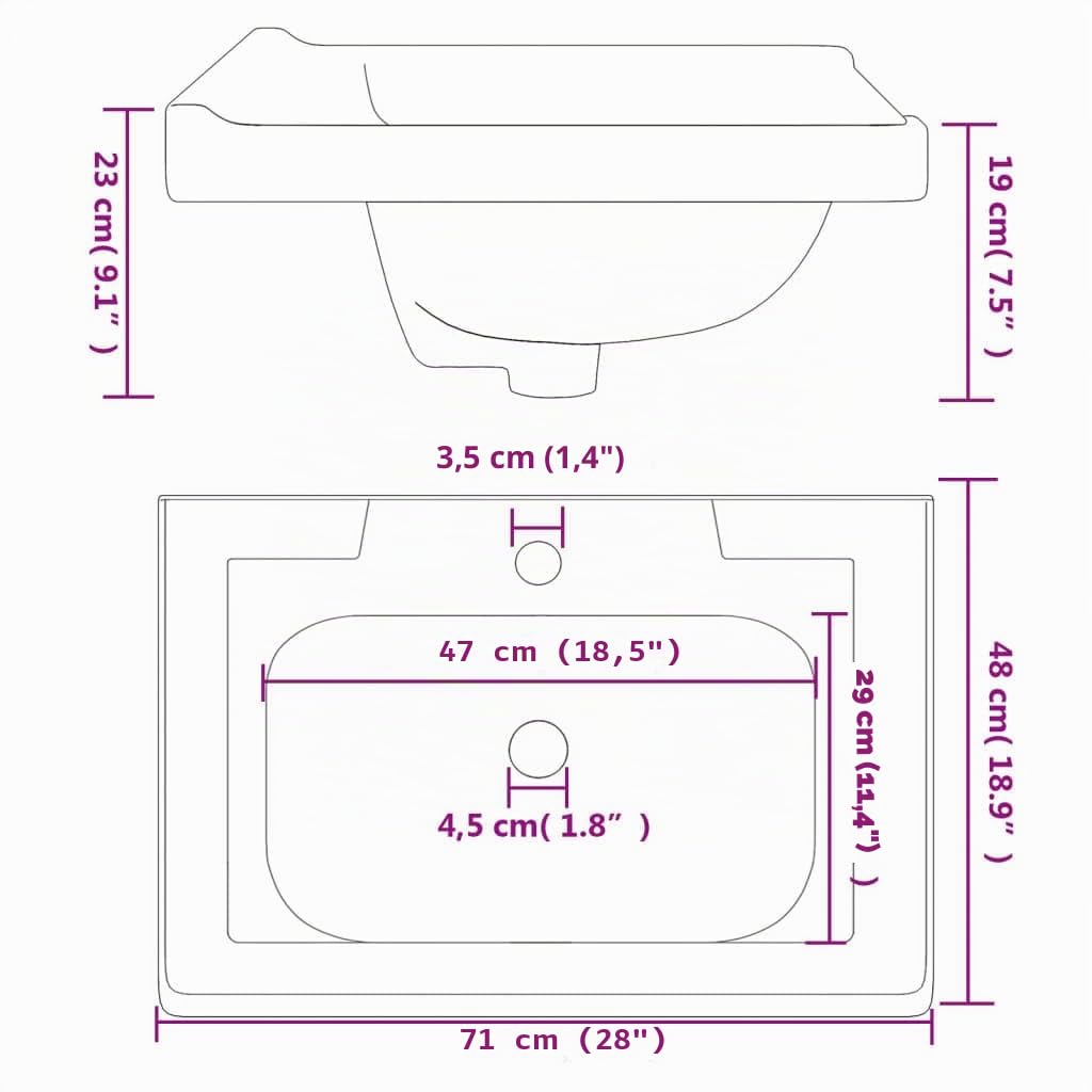 Vasque à Encastrer, Lavabo Encastré Céramique Évier Encastrable Salle de Bain blanc 71x48x23cm rectangulaire céramique