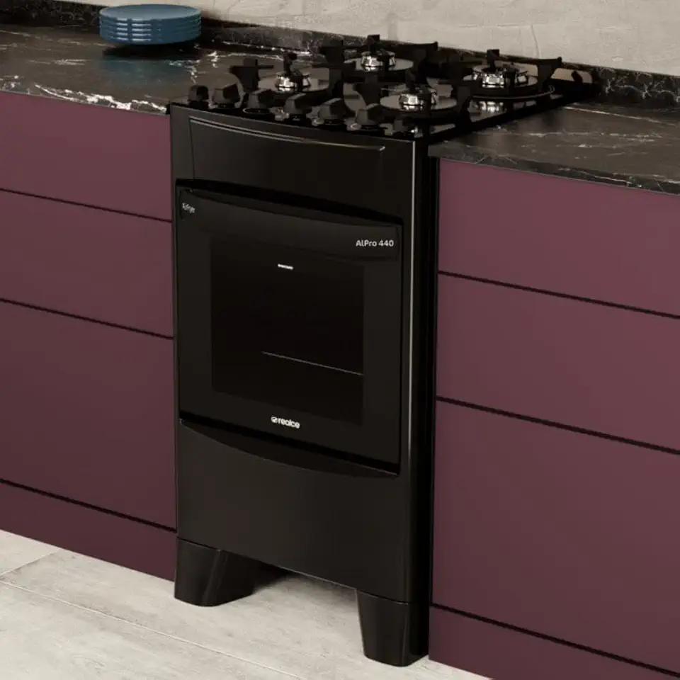 Realce Fogão 4 Bocas a Gás/Elétrico com Airfryer 127v Alpro 440 CR231 Preto com Mesa de Vidro Temperado