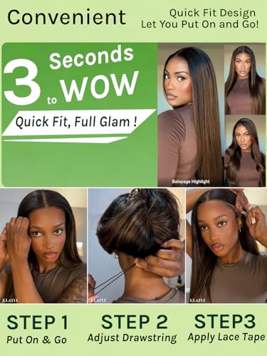 Image of KLAIYI Pre Everything Yaki Straight Glueless Ombre Highlight Balayage Brown 13x4 Lace Front Wigs Human Hair Drawstring Pre Plucked Bleached Knots 30S Ready to Wear and Go Wig Beginner Friendly 16Inch