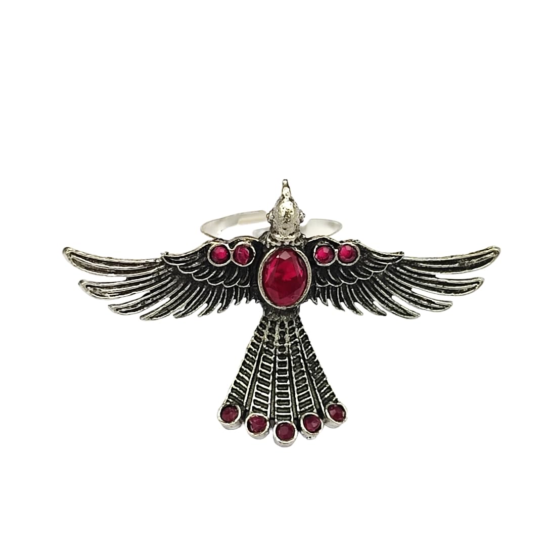 Yash Jewels EmporiumSilver-Plated Oxidized Peacock Stone Ring | Adjustable Handmade Brass Stone Ring | 1 Peacock Ring (Red)