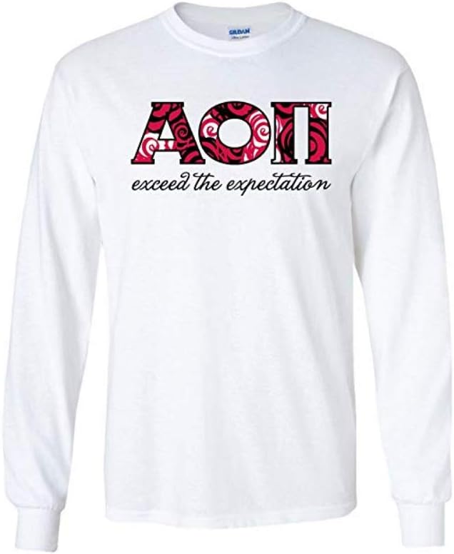 VictoryStore Apparel - Alpha Omicron Pi, Greek Letters with Rose Pattern Long Sleeve T-Shirt, Medium, White