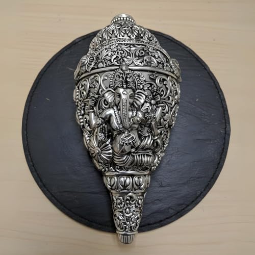 Image of Silver Plated Ganesh Shankh Idol 5.2 Inch | Lord Ganesha Conch Showpiece for Pooja Room, Home Decor & Office Desk | Vastu Gift Item for Housewarming