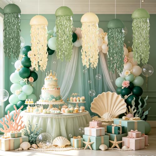 Image of Jellyfish Paper Lanterns 6 Pcs Hanging Ocean Sea Party Decor | Jelly Fish Paper Lanterns for Mermaid Under The Sea, Ocean, Baby Shower and Spongebob Birthday Party Decorations