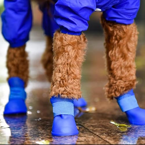 Fayemint 4 Stücke Von Silikon Wasserdichten Hundestiefeln, Pet Shoes für Welpen, rutschfeste Regenschuhe mit Befestigungsband, Geeignet für Regnerische Tage