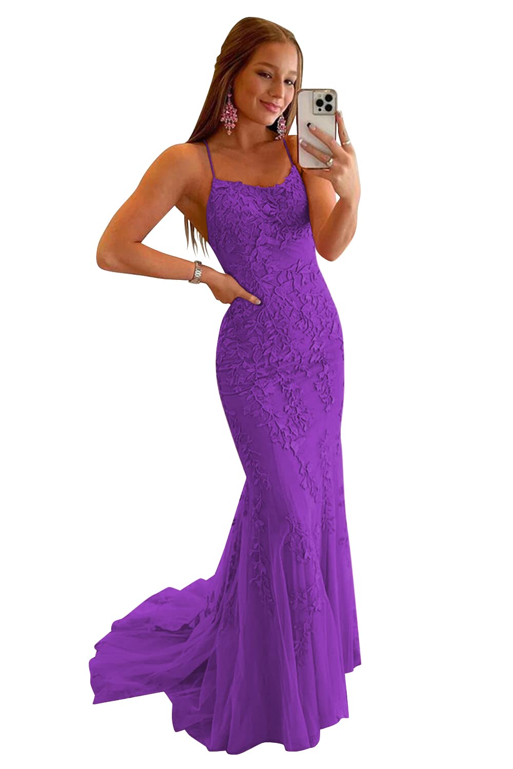 Clothfun Women's Long Lace Prom Dresses Mermaid Spaghetti Straps Backless Formal Evening Gowns