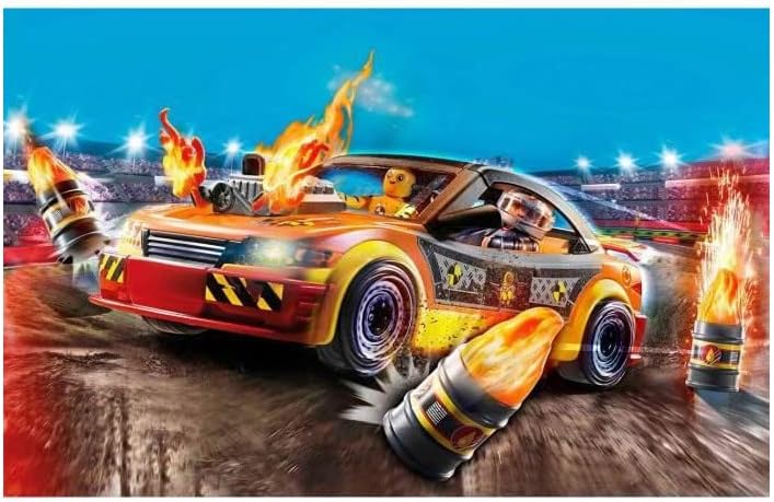 Playmobil Stunt Show Crash Car in action on a track with a figure inside.