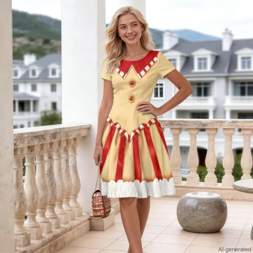 Image of HUGS IDEA Womens Puffy Swing Midi Dress Round Neck Short Sleeve Party A-Line Dresses