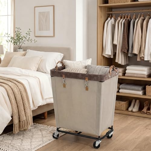 Image of StorageWorks Laundry Basket with Wheels for Clothes, 210L Tan Hamper Cart