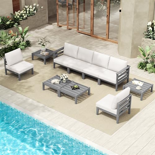 Image of SERWALL HDPE Patio Furniture Set, 10 Pieces Outdoor Sectional Sofa Set, All-Weather Wood-Like Outdoor Sofa Couch with Coffee Table for Deck, Lawn, Grey Frame with Khaki Cushion