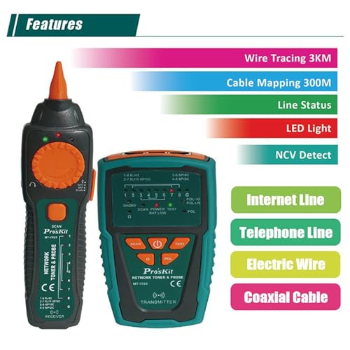 Pro’sKit Werkzeuglösungen MT-7028 Network Toner & Sonde Kit Continuity, Shorts, Open and Crossover on RJ45 Lan cable Cat 5、5e、6、7 (UTP/STP)、RJ11/12 Telephone-Kabel Kat. 3 (2/4/6 pin)(MT-7028)