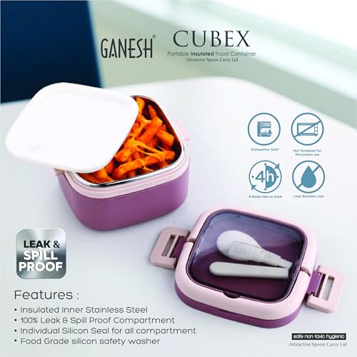 Image of Ganesh 1 Compartment Cubex Insulated Food Container with Attractive Spoon - Airtight Leak-Proof Lunch Box for Office, School, Picnic 380ml - Peach