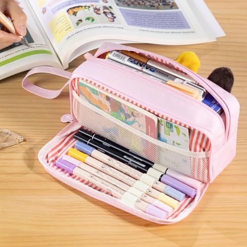 Image of CICIMELON Cartoon Pencil Case, Large Capacity Pen Pouch with Embroidered Animal Design, School Supplies Bag for Kids, Teens, Students (Pink Kitty)