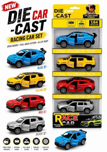 Image of Sky Tech SUV Die-Cast Pull Back 1:64 Toy Car Set of 4 with Openable Front Doors Mini Metal Racing and Collectible Cars for Kids and Collectors Realistic Model Beautiful Display Piece for Gift