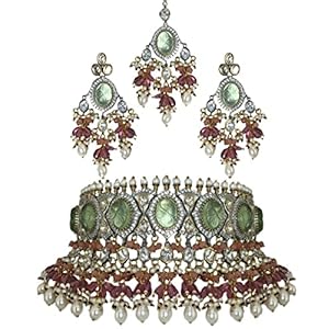Prime Quality Brass Material Indian Jewelry Kundan Chocker set with matching earrings Pearl & Jadau Choker Necklace Set for Women ,necklace and earring set, Brass, Zircon