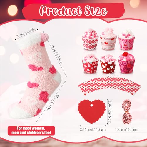 Image of 6 Pairs Valentine's Day Cupcake Socks Fuzzy Sock with Cupcake Card DIY Gift Slipper Stockings for Winter Women Men