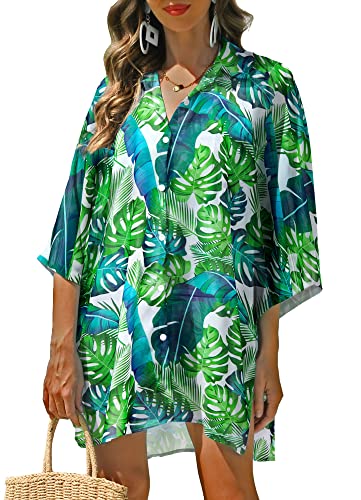 Raisevern Women Cover Ups Hawaiian Beach Shirt Green Blouses Palm Leaf Bathing Suit Tropical Luau Jungle Leaves Button Down Collar Swimsuit Kimono Cardigans #TOP23