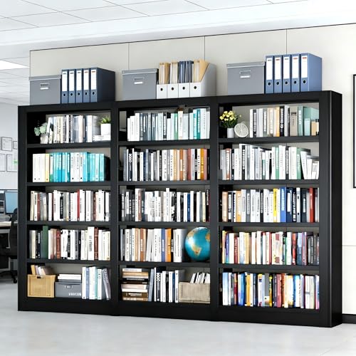 Image of Heavy Duty Metal Bookshelf, 5-Tier Industrial Bookcase with Adjustable Shelves, Large Storage Bookshelf for Living Room, Office, Library, 69 inch H x 102.6 inch W, Black
