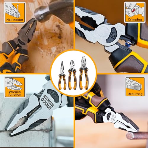 Image of INGCO 3 Pcs High Leverage Pliers Set, Cr-V, 8 inch Combination Plier, 7 inch Diagonal Cutting Plier, 6 inch Long Nose Plier, Saving 30% Strength