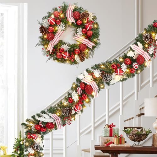 24 in Pre-Lit Christmas Wreath for Front Door, Artificial Christmas Wreath with 20 Led Lights and Timer, Xmas Wreath with Red Berries, Pine Cones, Ball Ornaments for Holiday Decor