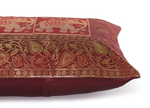 Image of Ravaiyaa - Attitude is everything Banarasi Brocade Silk Pillow Cover Elephant Design Cushion Pillow Sham Case Home Decorative Set of 2 Piece 12 inch X 20 inch Inch