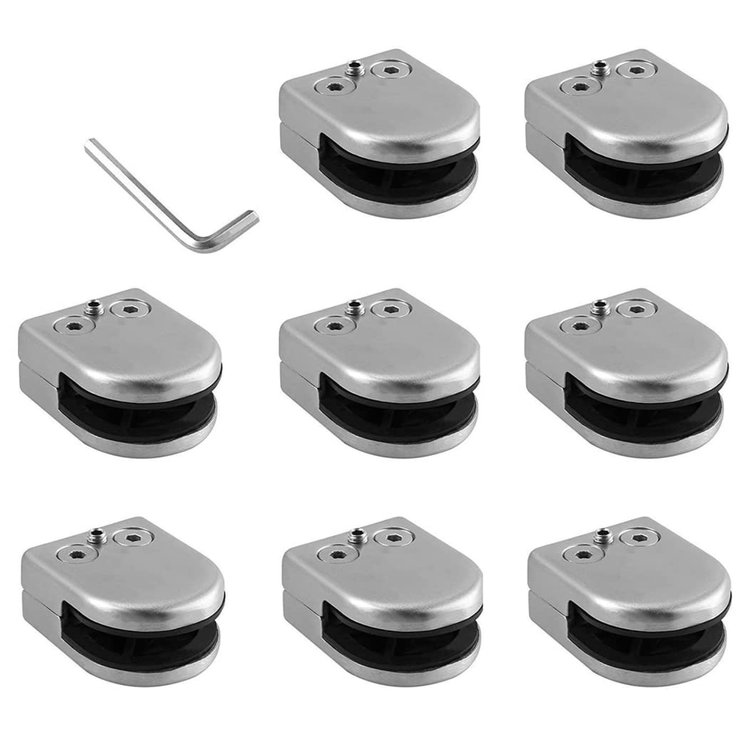 PHASFBJ 10Pcs Stainless Steel Round Glass Clip Clamps Holder Adjustable Glass Brackets Flat Back D Shape Glass Bracket, for Balustrade Staircase Handrail Window,8~10mm,flat bottom