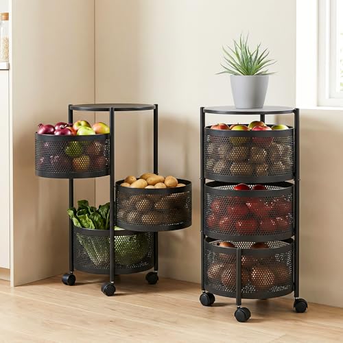 Image of Metal Multi-Purpose Trolley Kitchen Storage Organizer Rack Stand with 360 Wheels | 3 Layer Round Design | Kitchen Accessories Items for Fruit Vegetable Onion Rack for Kitchen (Black)