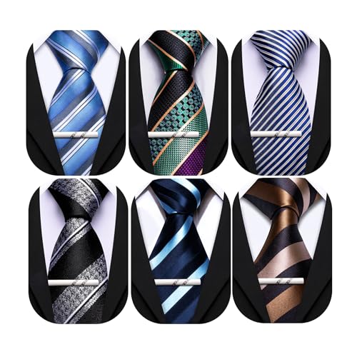 Image of Barry.Wang Mens 6 PCS Ties Silk Striped Paisley Check Floral Necktie Silky Woven Wedding Business Party Ties 3.34 inch