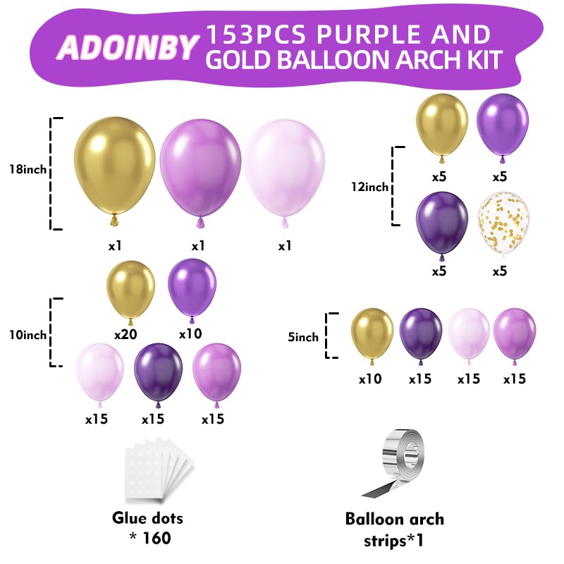 Image of Purple Balloon Arch Kit, ADOINBY 153Pcs Different Sizes inch Lavender Metallic Purple and Gold Balloons and Confetti Party Balloon Garland Kit for Women Birthday Baby Shower Wedding Party Decorations