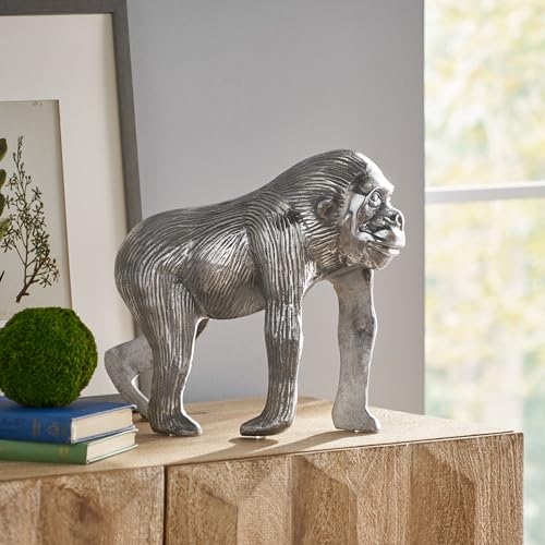 HXUHUWS Handcrafted Aluminum Decorative Ape Figurine with Polished Silver Finish, Home Accent for Tabletops and Shelves, Nature-Inspired Decor