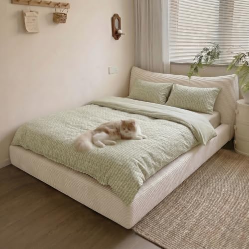 Image of Homkdom Cloud Bed Frame with Removable Headboard,Corduroy Full Bed Frame Rounded Corner Design,Boucle Soft Full Size Bed Frame for Modern Bedrooms Apartments, Guest Rooms,No Box Spring Needed,Beige