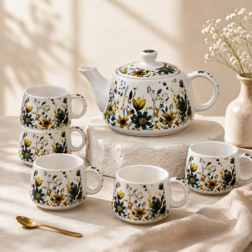 Image of The Earth Store Premium Handcrafted Daisy Bloom Ceramic Tea Cup Set with Kettle Microwave and Dishwasher Safe 6 Tea Cups & 1 Kettle | Tea Pot Set | Morning Set
