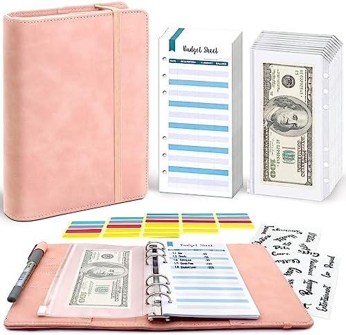 LINTRU Budget Binder with Zipper Envelopes, Money Organizer for Cash, Premium Pu Leather A6 Binder with Expense Budget Sheets and Stickers, Savings Binder for Budgeting (Pink)