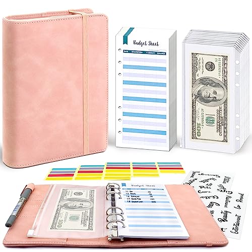 Lintru Budget Binder With Zipper Envelopes, Money Organizer For Cash, Premium Pu Leather A6 Binder With Expense Budget Sheets And Stickers, Savings Binder For Budgeting (Pink) #TOP14