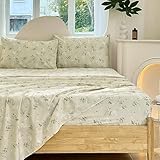 HYPREST Floral Bed Sheets Queen - Cotton Sheet Deep Pocket up to 18 inch，600 Thread Count Cream Yellow Printed Floral Sheets Soft Breathable Shabby Chic Cute Sheets