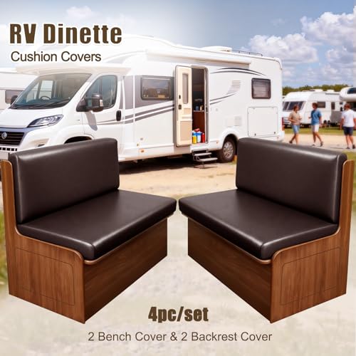 Image of SearchI PU Leather RV Dinette Cushion Covers, Stretch Camper Cushion Slipcovers for Travel Trailer Couch RV Booth Seat, Replacement Camper Sofa Chair Protector(2 Backrest Cover & 2 Bench Cover, Brown)