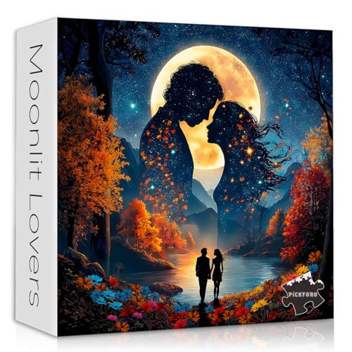 Romantic Couple Puzzles for Adults 1000 Pieces, Full Moon Night Landscape Jigsaw Puzzle with Autumn Scenery Love Themed, Nature Scenic Flower Tree Mountain Puzzle, Challenging for Adults