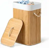 Cesto Bambu Natural Roupa Suja 72L com Tampa Forro Removível Dobrável Alças de Corda Organizador Banheiro Lavanderia
