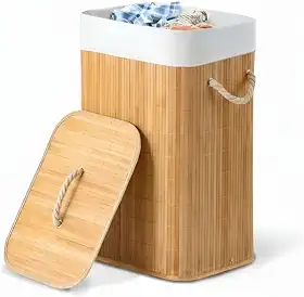 Cesto Bambu Natural Roupa Suja 72L com Tampa Forro Removível Dobrável Alças de Corda Organizador Banheiro Lavanderia