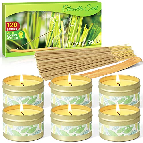 Citronella Incense Stick, Citronella Candles, Lemongrass Candles, Gift Set For Outdoor, 6 X 2.5 Oz Candle With 120 Pcs Incense Sticks #TOP10