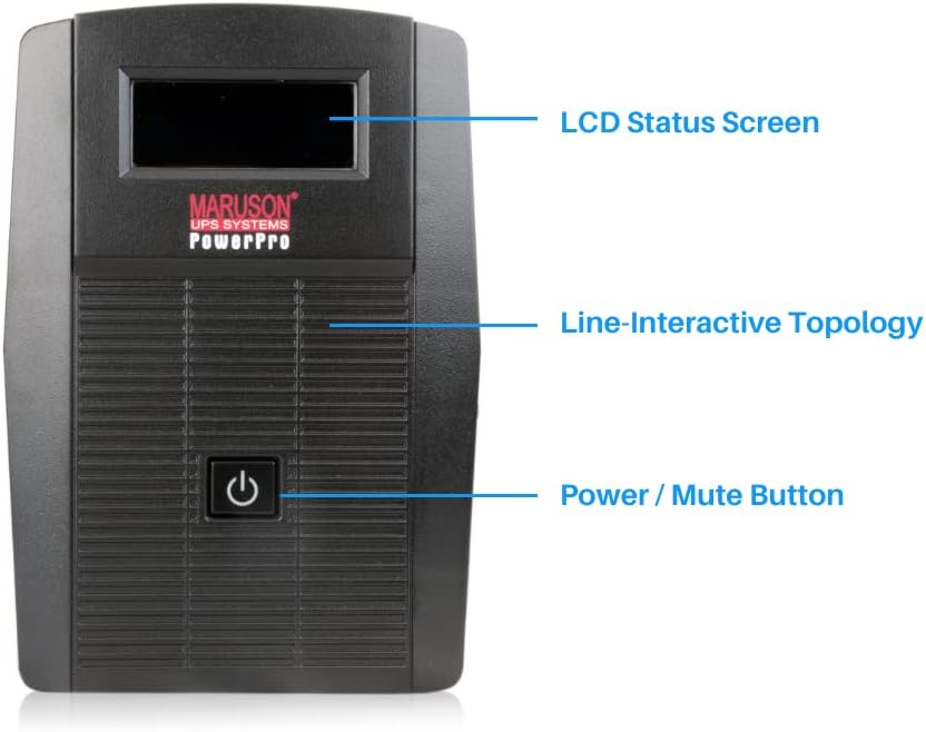 Front panel of MARUSON PRO-800LCD UPS with labels for LCD Status Screen and Power/Mute Button