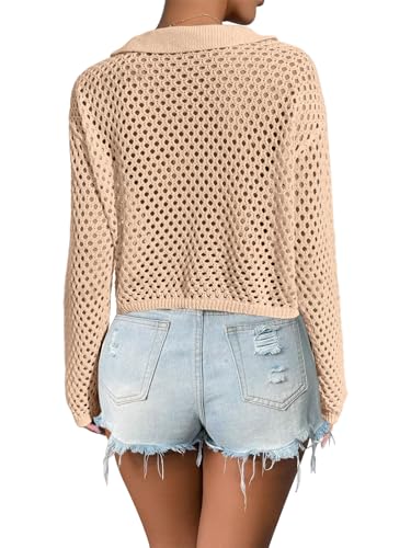 Image of Womens Tie Front Crochet Cardigan Sweaters Lightweight Hollow Out Beach Cover Up Long Sleeve Collared Summer Shrug