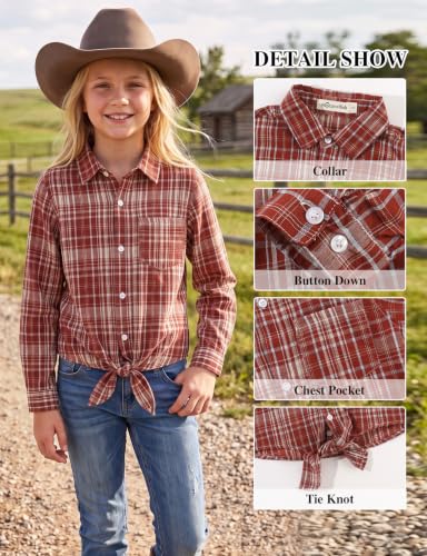 Image of Noomelfish Girls Long Sleeve Button Down Shirt Tie Front Western Tops Cowgirl Outfit (5-14 Years)