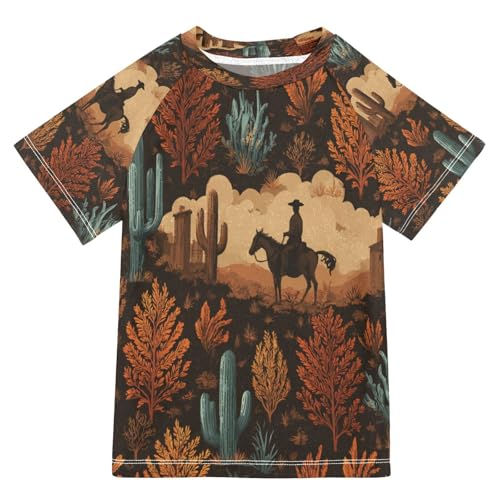 Boys Short Sleeve T-Shirts Cactus Cowboys Horse Rashguard Kids Swim Shirts Sun UPF 50+