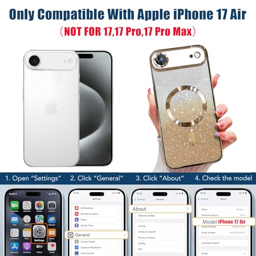 Image of Misscase for iPhone Air Case Compatible with MagSafe,Built-in Camera Lens Protector Full Protection Soft TPU Anti-Scratch Magnetic Glitter Slim Case Cover for iPhone 17 Air 6.5 inch Gold