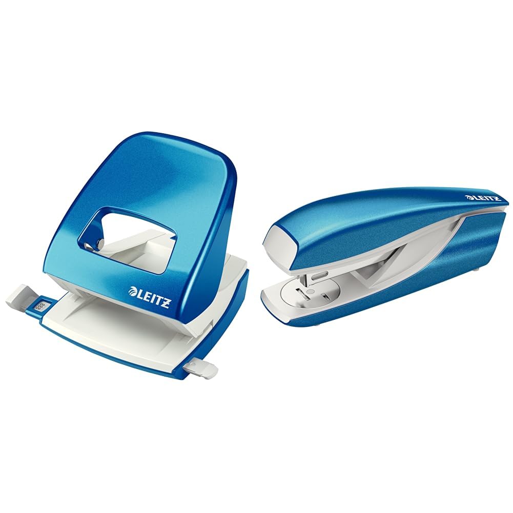 Leitz Büro Locher + Heftgerät, Für 30 Blatt, Anschlagschiene mit Formatvorgaben, Tacker mit 200 Heftklammern, Ergonomisches Design, Blau, WOW-Serie, 50081036 + 55021036