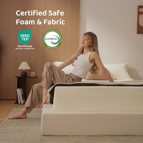 Image of RECCI AirFrame Bed Frame, Cloud Upholstered Platform Bed Frame, 5 Inch Fully Boxy Foam Cushioned, Square Shape Base, No Box Spring Needed, Easy Assembly, Soft Low-Profile (Cream Boucle, Queen)
