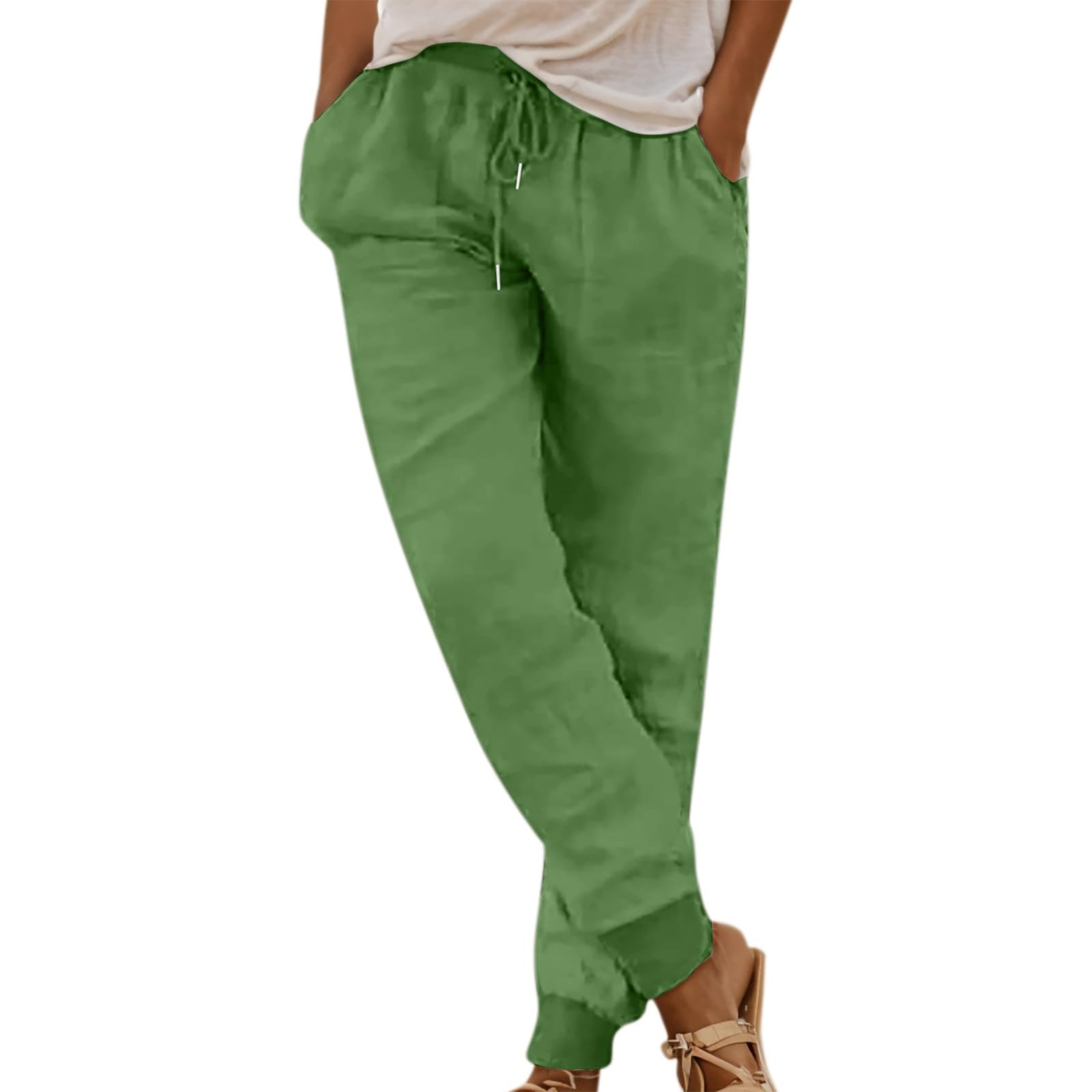 Cotton Linen Tapered Pants Women Summer Drawstring Back Elastic Waist Petite Pants Joggers Casual Beach Trousers with Pockets